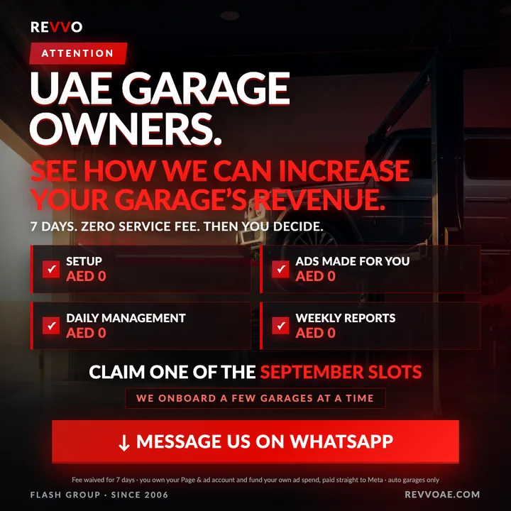 Revvo ad: UAE garage owners. See how we can increase your garage's revenue.