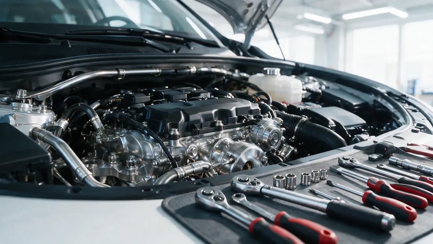 An engine bay with a tray of tools