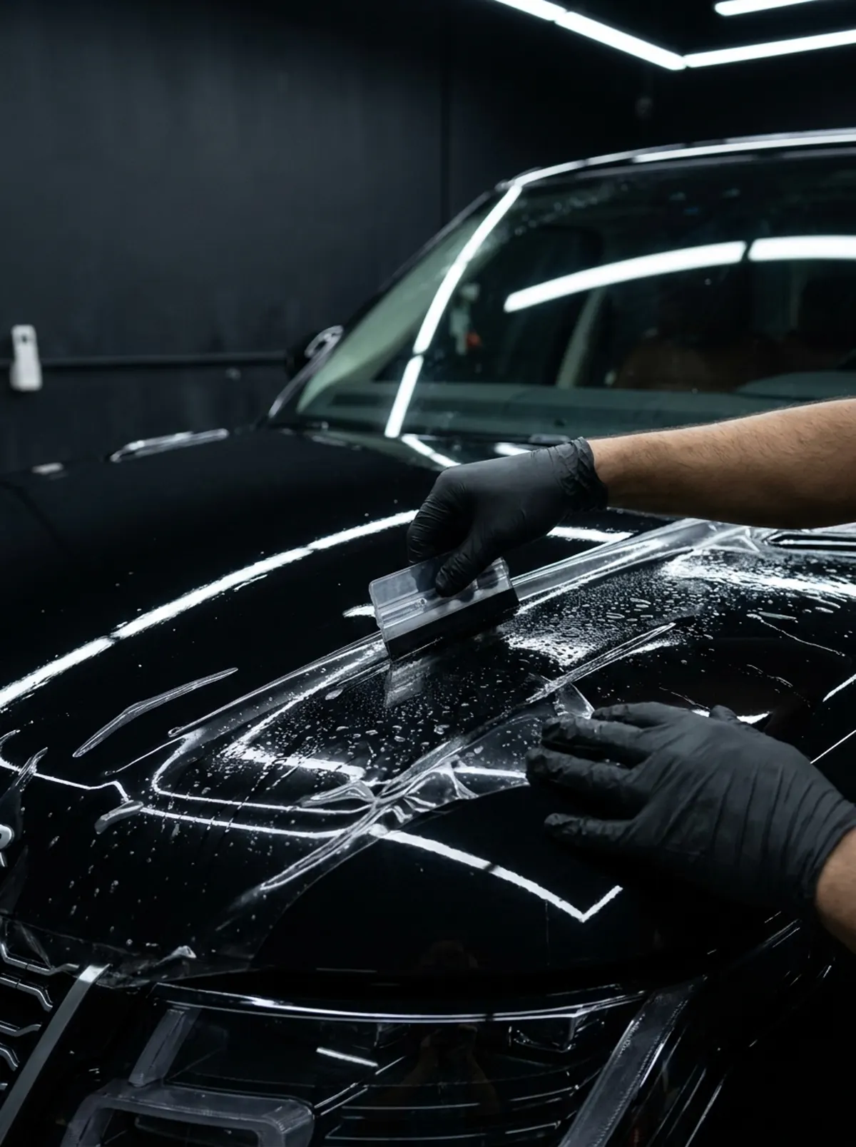 Paint protection film being fitted on a black SUV