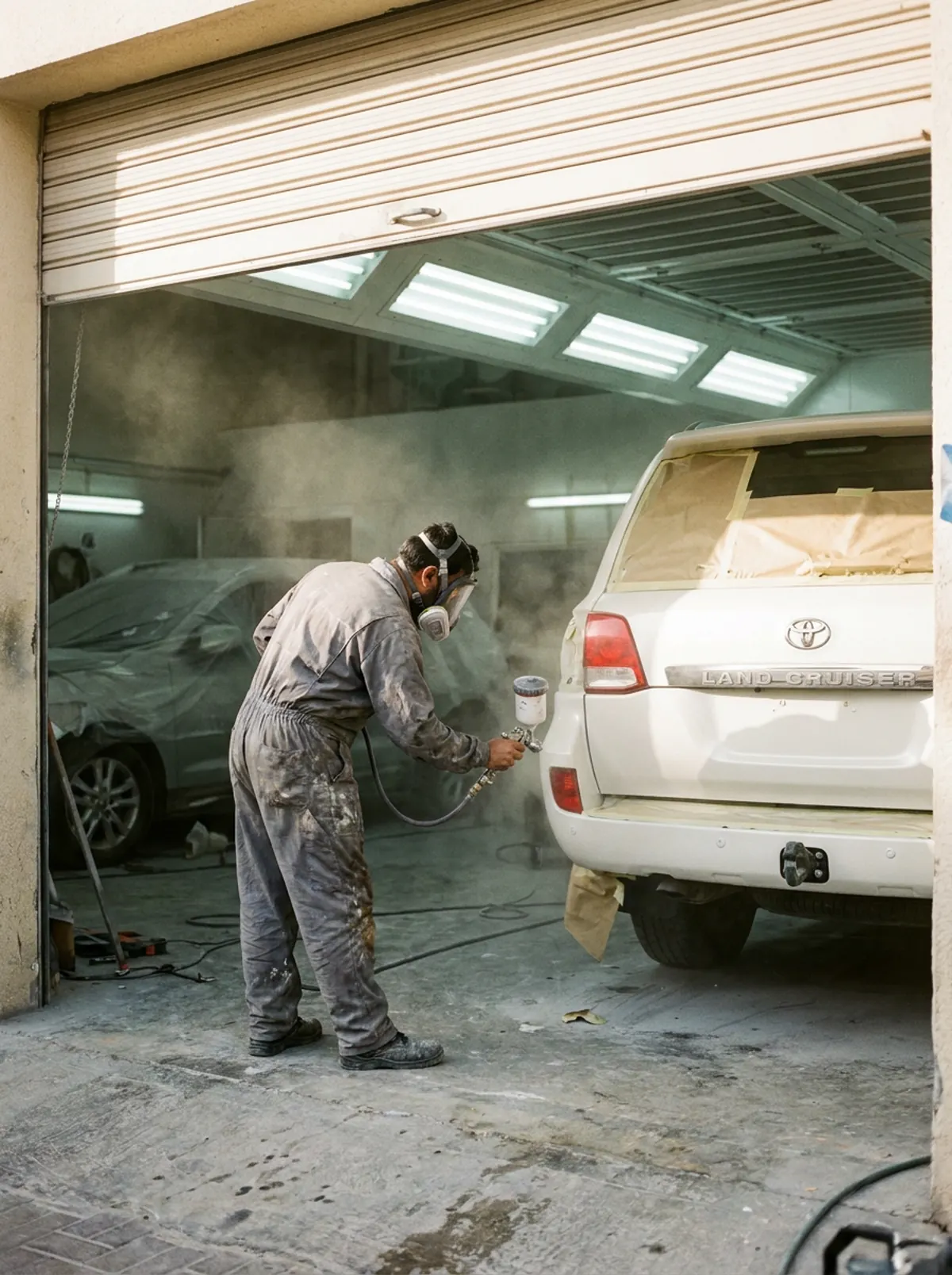 A painter spraying a white Land Cruiser in a paint booth